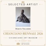 socialpost288 1 1 1 augenaufblog Poster for Chianciano Art Museum announcing the Selected Artist Marita Vollborn featuring a bronze sculpture on a rocky pedestal Biennale 2026