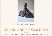 Poster for Chianciano Art Museum announcing the Selected Artist Marita Vollborn featuring a bronze sculpture on a rocky pedestal Biennale 2026