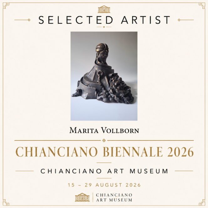 Poster for Chianciano Art Museum announcing the Selected Artist Marita Vollborn featuring a bronze sculpture on a rocky pedestal Biennale 2026